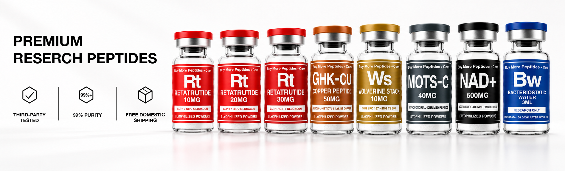 Premium BMPC research peptide product lineup with third-party testing, purity, and domestic shipping indicators.
