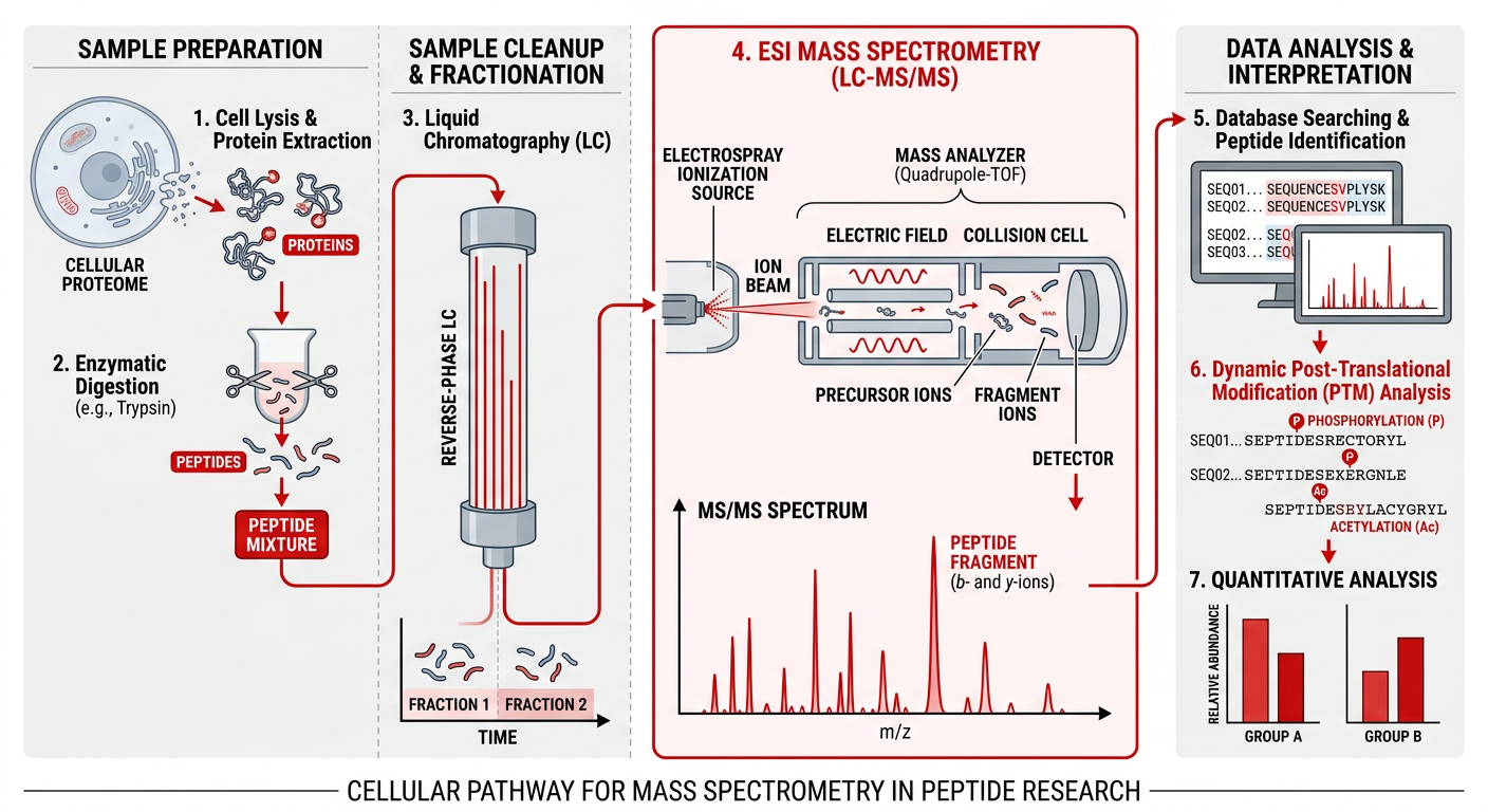 Medical diagram illustrating the cellular pathway for Mass Spectrometry in Peptide Research
