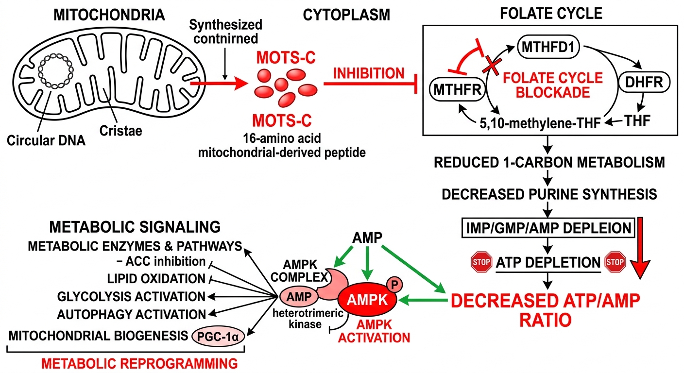 Medical diagram illustrating the cellular pathway for MOTS-c and AMPK activation
