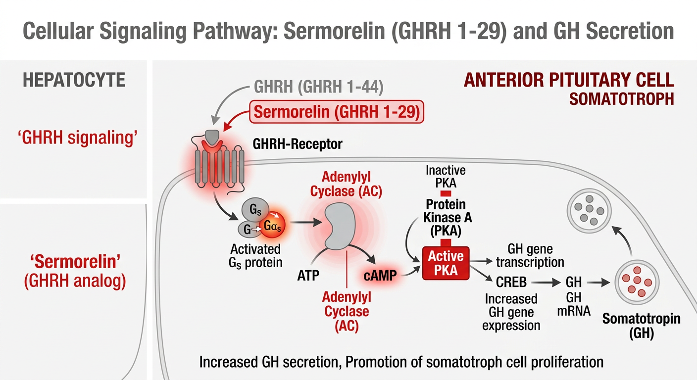 Medical diagram illustrating the cellular pathway for Sermorelin and the cAMP/PKA cascade