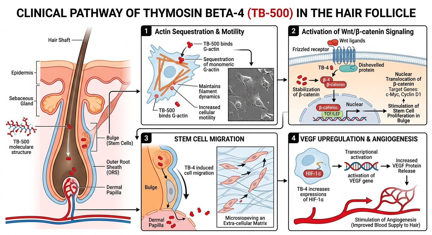 Medical diagram illustrating the cellular pathway for Thymosin Beta-4 (TB-500) in the hair follicle